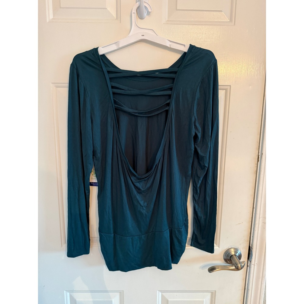 Gaiam Hannah LS Top Atlantic Deep Teal Strappy Open Back Yoga Top GAW181TL03008 - Picture 3 of 9